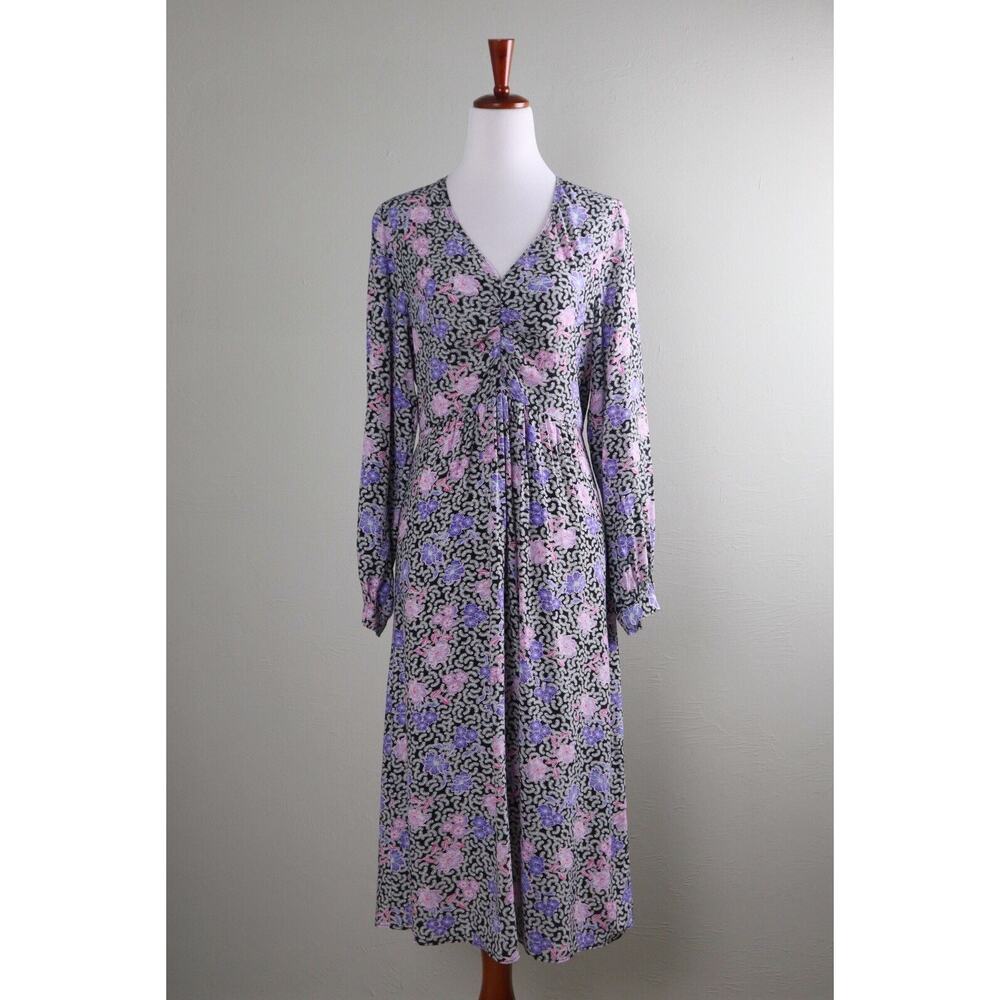 ANN TAYLOR LOFT $84 Floral Print Shirred V-Neck Midi Dress Size 4 Petite